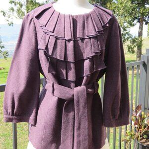 Anthropologie Tabitha Size 12/L Purple Ruffle Belted Peacoat Jacket Wool Coat